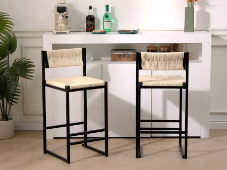 Bar Stools Paper Rope Weave Dining Chairs With Back Hand Weave Stools For Kichen Island, Bar & Counter (Set of 2) Online Sale