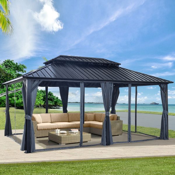 Gazebo Double Roof Canopy With Netting And Curtains, Outdoor Gazebo 2 Tier Hardtop Galvanized Iron Aluminum Frame Garden Tent For Patio, Backyard, Deck And Lawns Supply