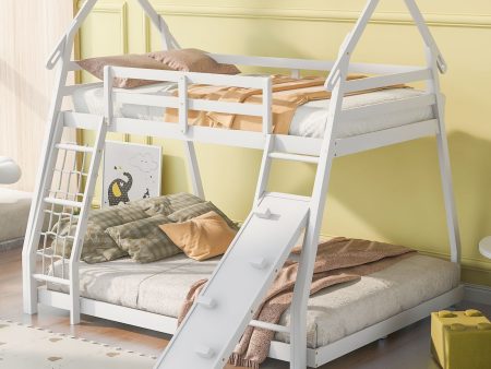 Twin Over Queen House Bunk Bed With Climbing Nets And Climbing Ramp Fashion