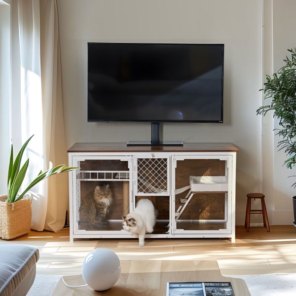 Wooden Cat House, Cat Villa, Cat Cages Indoor, TV Stand With Cat House - White   Vintage For Sale