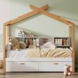 Wooden House Bed Original Wood Colored Frame With Two Drawers And Bookshelf Storage Space For Children Or Guest Room on Sale