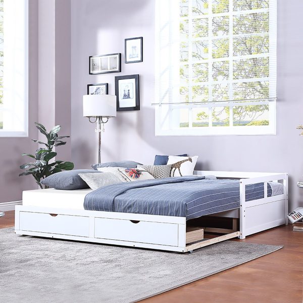 Wooden Daybed With Trundle Bed And Two Storage Drawers, Extendable Bed Daybed, Sofa Bed For Bedroom Living Room Online Sale