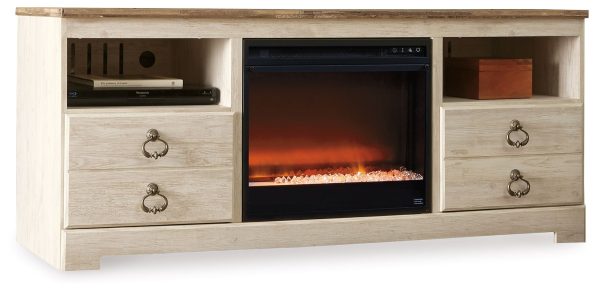 Willowton - Whitewash - 64  TV Stand With Glass Stone Fireplace Insert For Discount