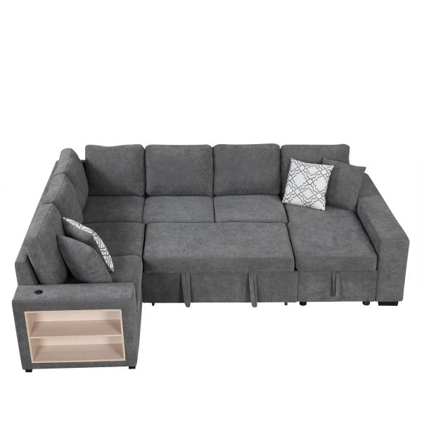 U-Shaped Sectional Sofa Pull-Out Sofa Bed With Two USB Ports, A Storage Chaise Lounge And Four Back Pillows For Living Room Sale