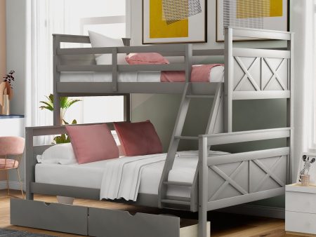 Twin Over Full Bunk Bed With Ladder, Two Storage Drawers, Safety Guardrail Online now