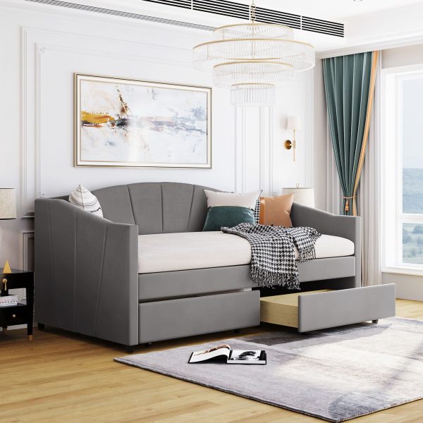 Upholstered Daybed With Two Drawers And Wood Slat For Discount