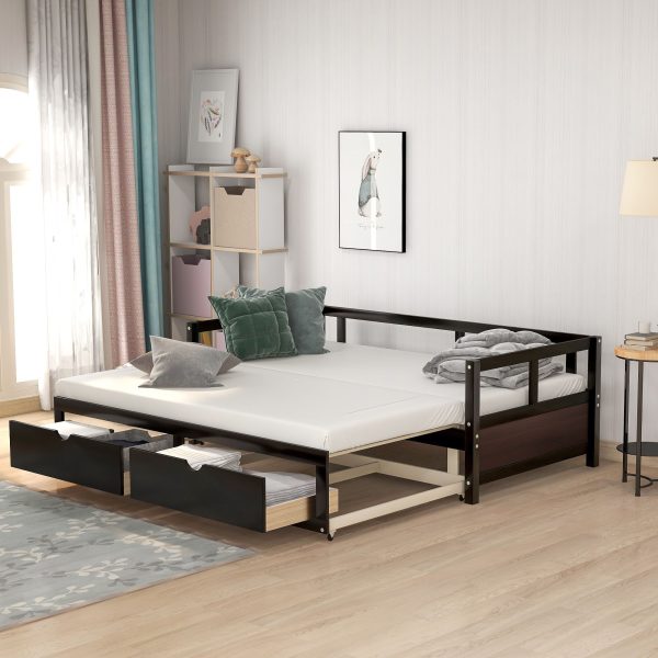 Wooden Daybed With Trundle Bed And Two Storage Drawers, Extendable Bed Daybed, Sofa Bed For Bedroom Living Room Online Sale