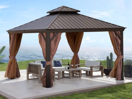 Gazebo Double Roof Canopy With Netting And Curtains, Outdoor Gazebo 2 Tier Hardtop Galvanized Iron Aluminum Frame Garden Tent For Patio, Backyard, Deck And Lawns Supply