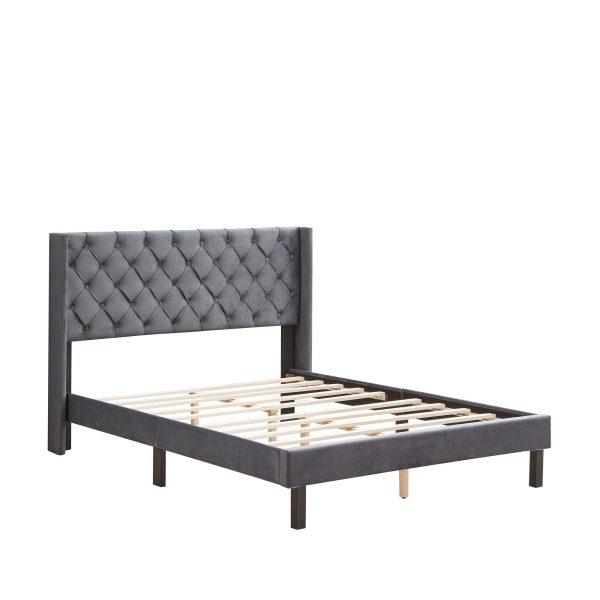 Velvet Button Tufted-Upholstered Bed With Wings Design Strong Wood Slat Support Queen Platform Bed - Gray Online