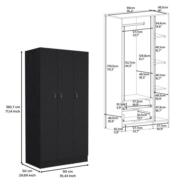 Wardrobe Armoire With 3 Doors And 2 Inner Drawers, 3 Doors - Black Hot on Sale