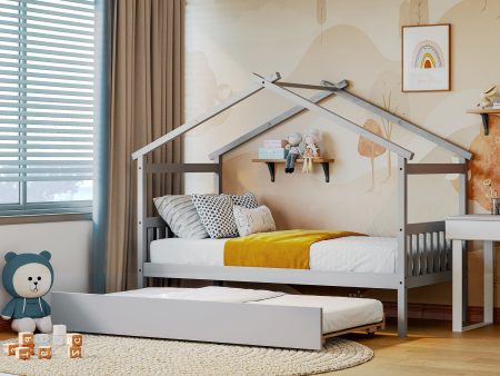 Wooden House Bed With Twin Size Trundle Hot on Sale