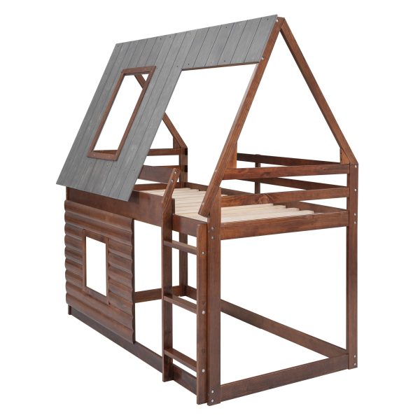 Wood Twin Size House Bunk Bed With Roof, Ladder And 2 Windows - Oak & Smoky Gray Sale