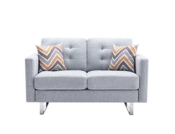 Victoria - Linen Fabric Loveseat With Metal Legs, Side Pockets, And Pillows on Sale