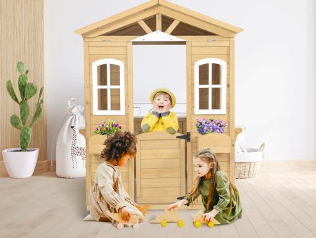 Wooden Playhouse For Kids Outdoor With Working Door, Windows, Mailbox, Flowers Pot Holder - Natural Sale