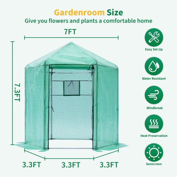 Walk-in Greenhouse Hexagonal Upgrade Reinforced Frame Heavy Duty Plastic Greenhouse Reinforced Thickened Waterproof Insulation (6.9*7.5 ft) - Green For Sale