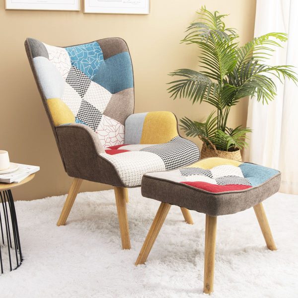 Accent Chair With Ottoman, Living Room Chair And Ottoman Set, Comfy Side Armchair For Bedroom, Creative Splicing Cloth Surface Sale