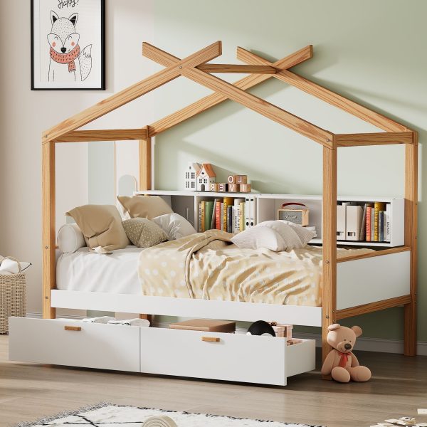 Wooden House Bed Original Wood Colored Frame With Two Drawers And Bookshelf Storage Space For Children Or Guest Room on Sale