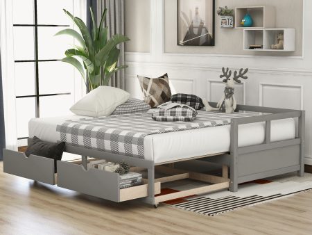 Wooden Daybed With Trundle Bed And Two Storage Drawers, Extendable Bed Daybed, Sofa Bed For Bedroom Living Room Online Sale