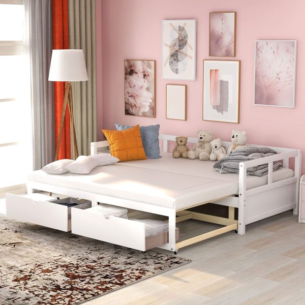 Wooden Daybed With Trundle Bed And Two Storage Drawers, Extendable Bed Daybed, Sofa Bed For Bedroom Living Room Online Sale