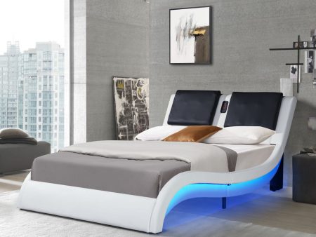 Upholstered Platform Bed Frame With LED Lighting, Bluetooth Connection To Play Music Control, Backrest Vibration Massage, Curve Design, Wood Slat Support, Exhibited Speakers Sale