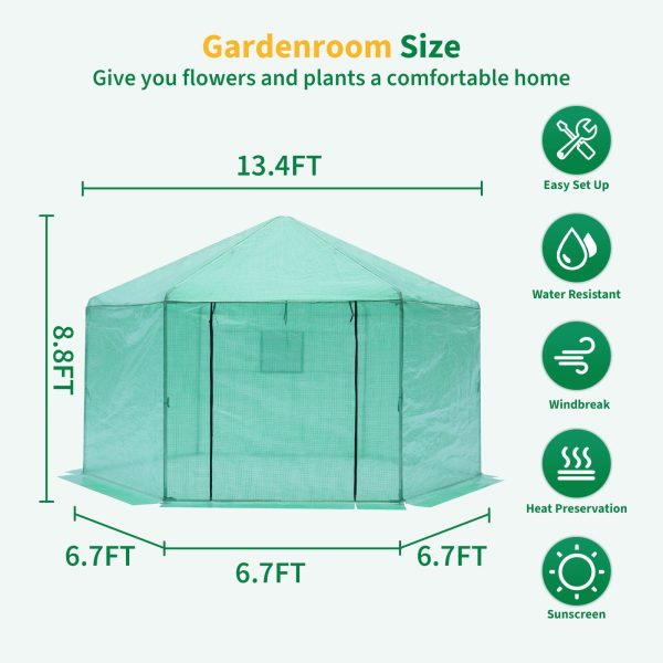 Walk-in Greenhouse Hexagonal Upgrade Reinforced Frame Heavy Duty Plastic Greenhouse Reinforced Thickened Waterproof Insulation (13.1*8.6 ft) - Green Online