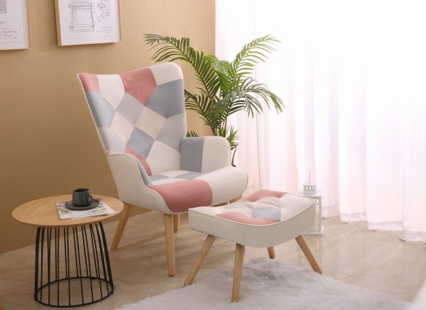 Accent Chair With Ottoman, Living Room Chair And Ottoman Set, Comfy Side Armchair For Bedroom, Creative Splicing Cloth Surface Sale