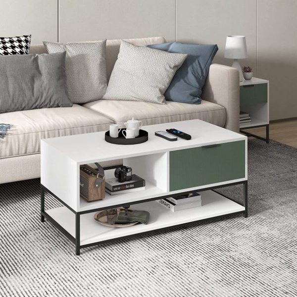 Watson - Wood Coffee Table Steel Frame With Shelves And Drawer on Sale