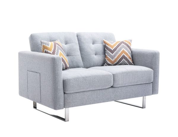 Victoria - Linen Fabric Loveseat With Metal Legs, Side Pockets, And Pillows on Sale