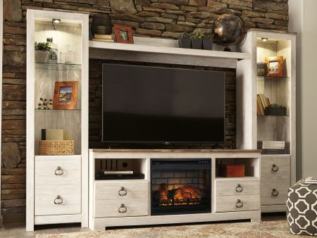 Willowton - Whitewash - Entertainment Center - TV Stand With Faux Firebrick Fireplace Insert For Discount