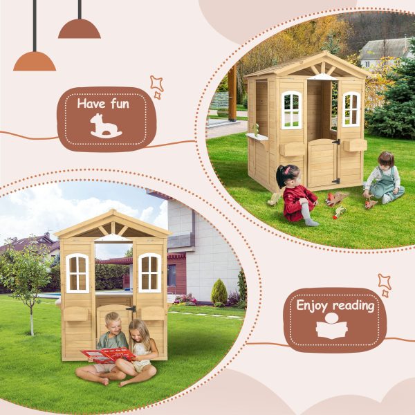 Wooden Playhouse For Kids Outdoor With Working Door, Windows, Mailbox, Flowers Pot Holder - Natural Sale