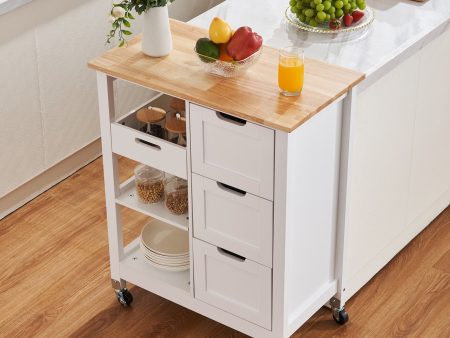 Rolling Portable Small Kitchen Island Cart On Wheels With Solid Wood Top, Dining Room Serving Utility Carts Mobile Movable With 3 Drawers And Storage Shelves Cabinet - White For Cheap