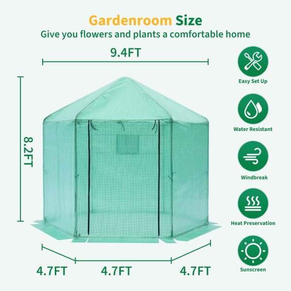 Walk-in Greenhouse Hexagonal Upgrade Reinforced Frame Heavy Duty Plastic Greenhouse Reinforced Thickened Waterproof Insulation (9.2*8.1 ft) - Green Supply