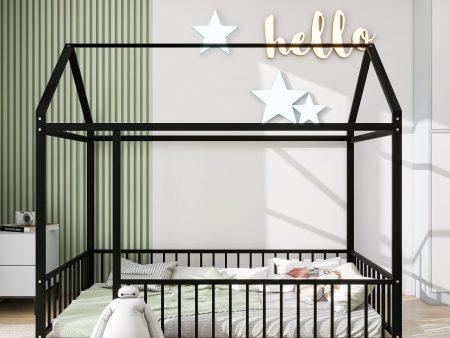 Twin Size Metal Bed House Bed Frame With Fence, For Kids, Teens, Girls, Boys Supply