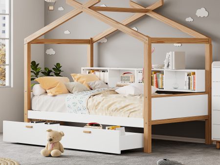 Wooden House Bed Original Wood Colored Frame With Two Drawers And Bookshelf Storage Space For Children Or Guest Room on Sale