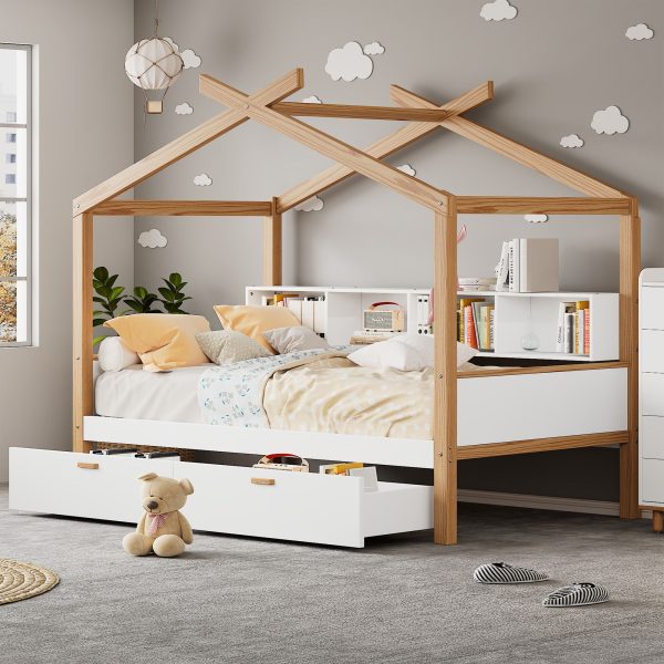 Wooden House Bed Original Wood Colored Frame With Two Drawers And Bookshelf Storage Space For Children Or Guest Room on Sale