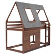 Wood Twin Size House Bunk Bed With Roof, Ladder And 2 Windows - Oak & Smoky Gray Sale