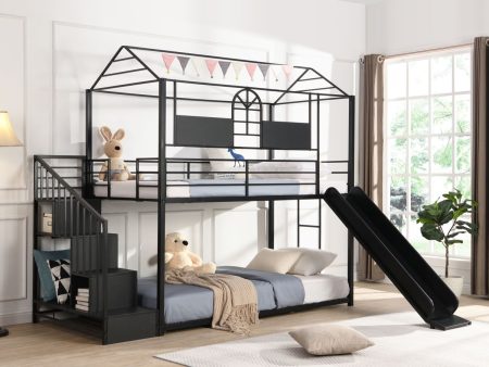 Twin Over Twin Metal Bunk Bed With Slide And Steps For Discount