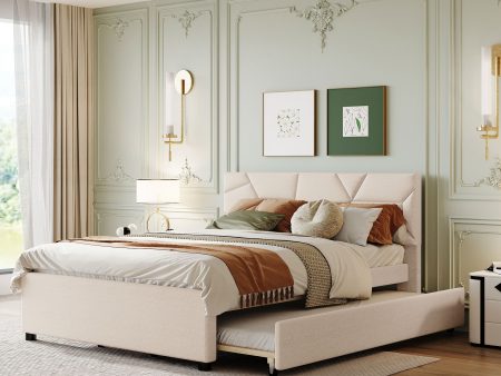 Upholstered Platform Bed With Brick Pattern Headboard And Twin Long Size Trundle For Sale