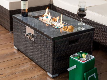 Outdoor Fire Table Propane Fire Pit Rattan Gas Fire Table, Gas Fire Table With Tile Tabletop - Brown on Sale