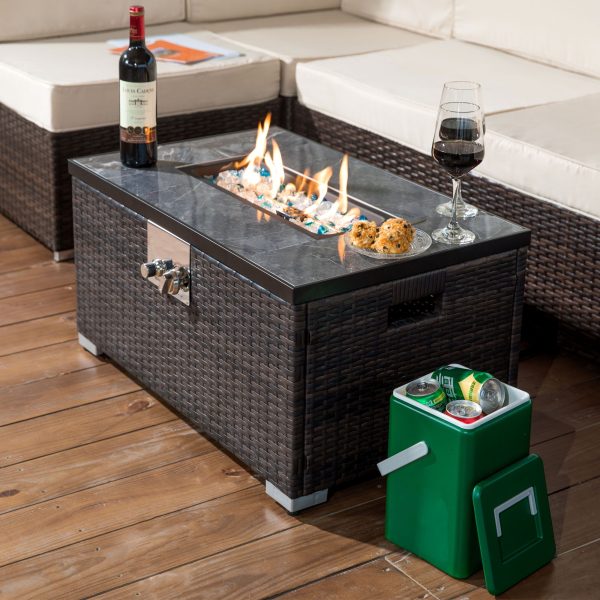 Outdoor Fire Table Propane Fire Pit Rattan Gas Fire Table, Gas Fire Table With Tile Tabletop - Brown on Sale