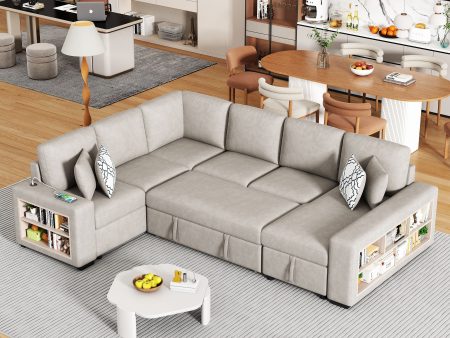 U-Shaped Sectional Sofa Pull-Out Sofa Bed With Two USB Ports, A Storage Chaise Lounge And Four Back Pillows For Living Room Sale