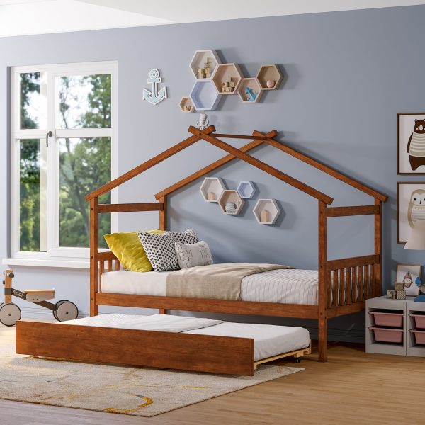 Wooden House Bed With Twin Size Trundle Hot on Sale