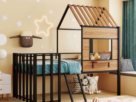 Twin Size Loft Bed With Roof, Window, Guardrail, Ladder Cheap