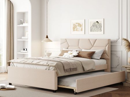 Upholstered Platform Bed With Brick Pattern Headboard And Twin Size Trundle, Linen on Sale