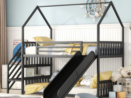 Twin Over Twin Metal Bunk Bed House Bed With Slide And Staircase Fashion