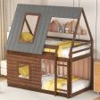 Wood Twin Size House Bunk Bed With Roof, Ladder And 2 Windows - Oak & Smoky Gray Sale