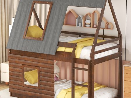 Wood Twin Size House Bunk Bed With Roof, Ladder And 2 Windows - Oak & Smoky Gray Sale